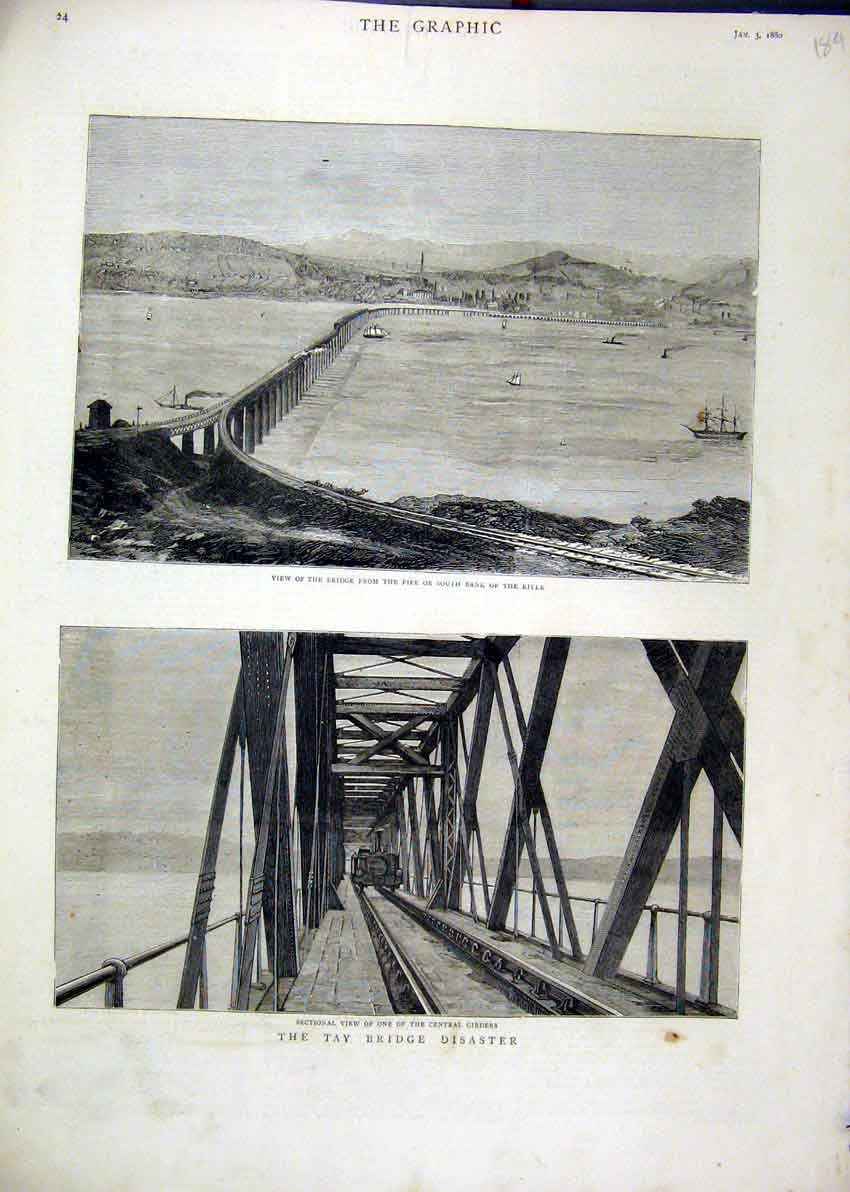 Old Antique Print Tay Bridge Disaster 1880 Fife South Bank River Girders 19th