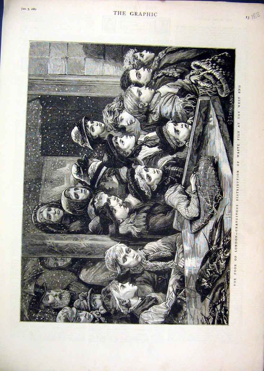 Original Old Antique Print 1882 Poor London Distribution Fish West End Victorian