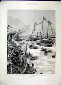 Original Old Antique Print Shah Persia England 1889 Thames Gravesend Ships 19th