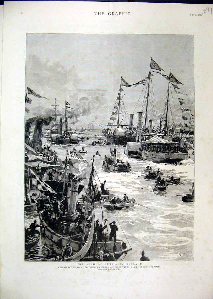 Original Old Antique Print Shah Persia England 1889 Thames Gravesend Ships 19th