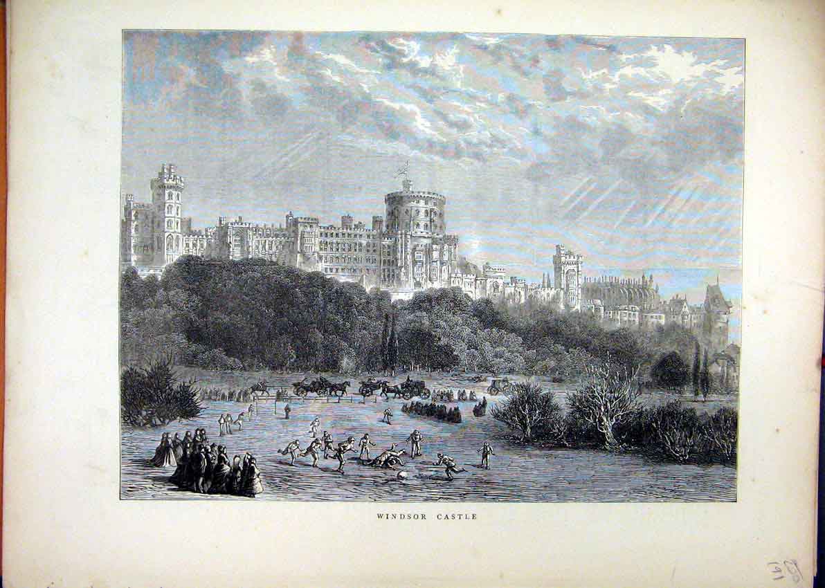 Original Old Antique Print 1871 View Windsor Castle Queen Building Victorian