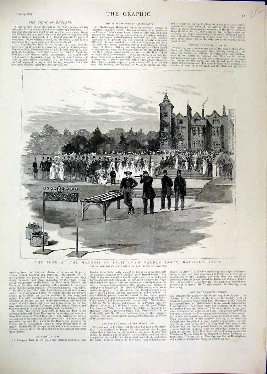 Original Old Antique Print 1889 Shah Marquis Salisbury Gardens Party Hatfield