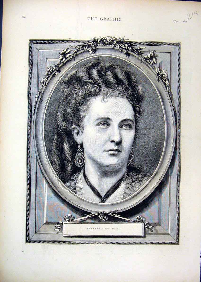 Original Old Antique Print 1874 Portrait Arabella Goddard Beautiful Victorian