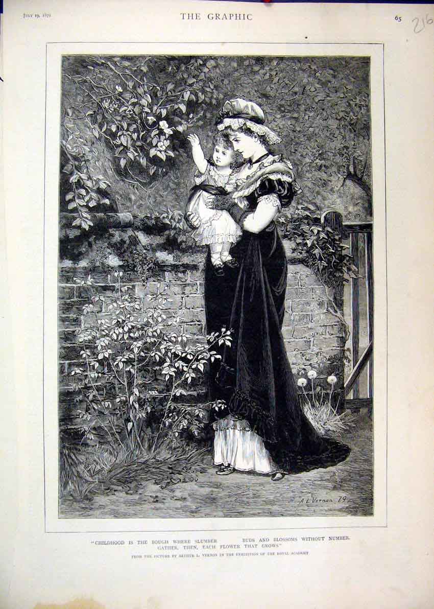 Original Old Antique Print Woman Little Girl 1879 Flowers Buds Blossoms 19th