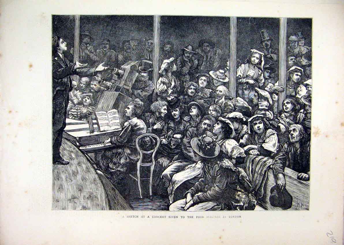 Old Antique Print 1871 Sketch Concert Poor Italians London Music Singing 19th