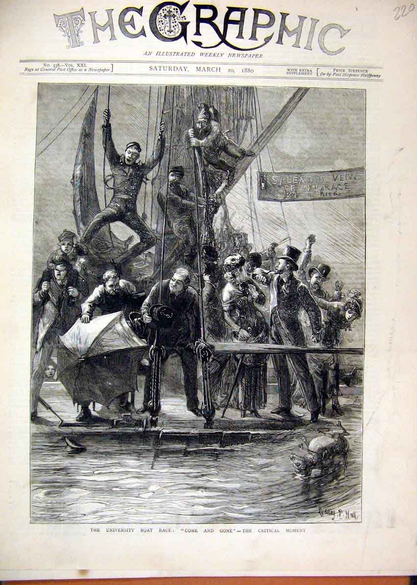 Original Old Antique Print 1880 University Boat Race Comedy Celebrations 19th