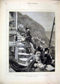 Original Old Antique Print 1880 Signal Horizon Family Watching Sea Scene 19th