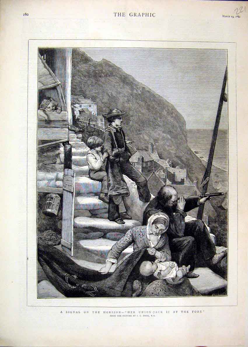 Original Old Antique Print 1880 Signal Horizon Family Watching Sea Scene 19th