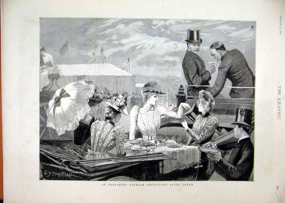 Original Old Antique Print Doncaster Races Sweepstake Lunch Romance 1890 19th