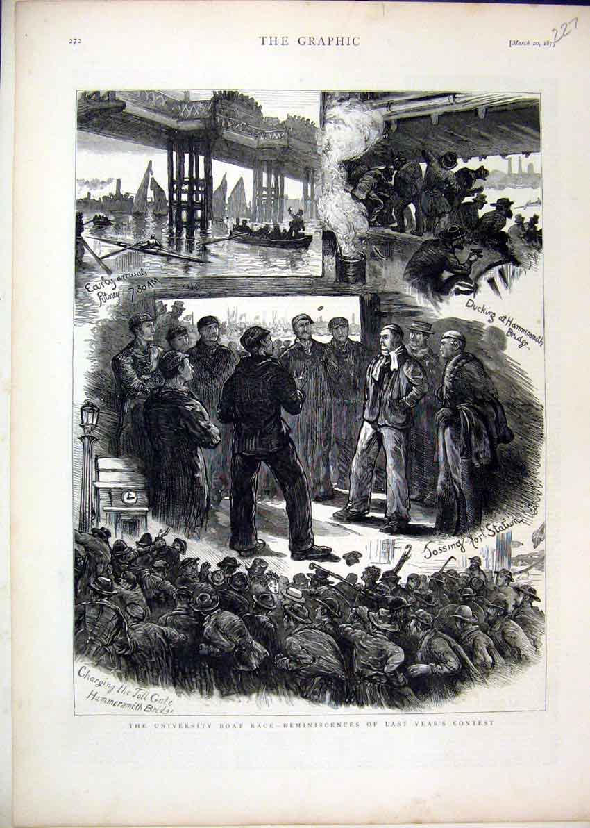 Original Old Antique Print University Boat Race 1875 Toll Gate Putney Bridge