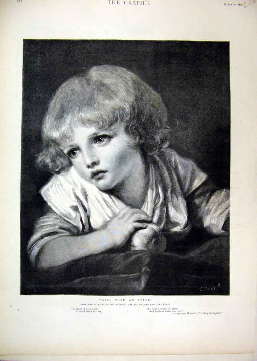 Original Old Antique Print Portrait Beautiful Little Girl 1894 19th