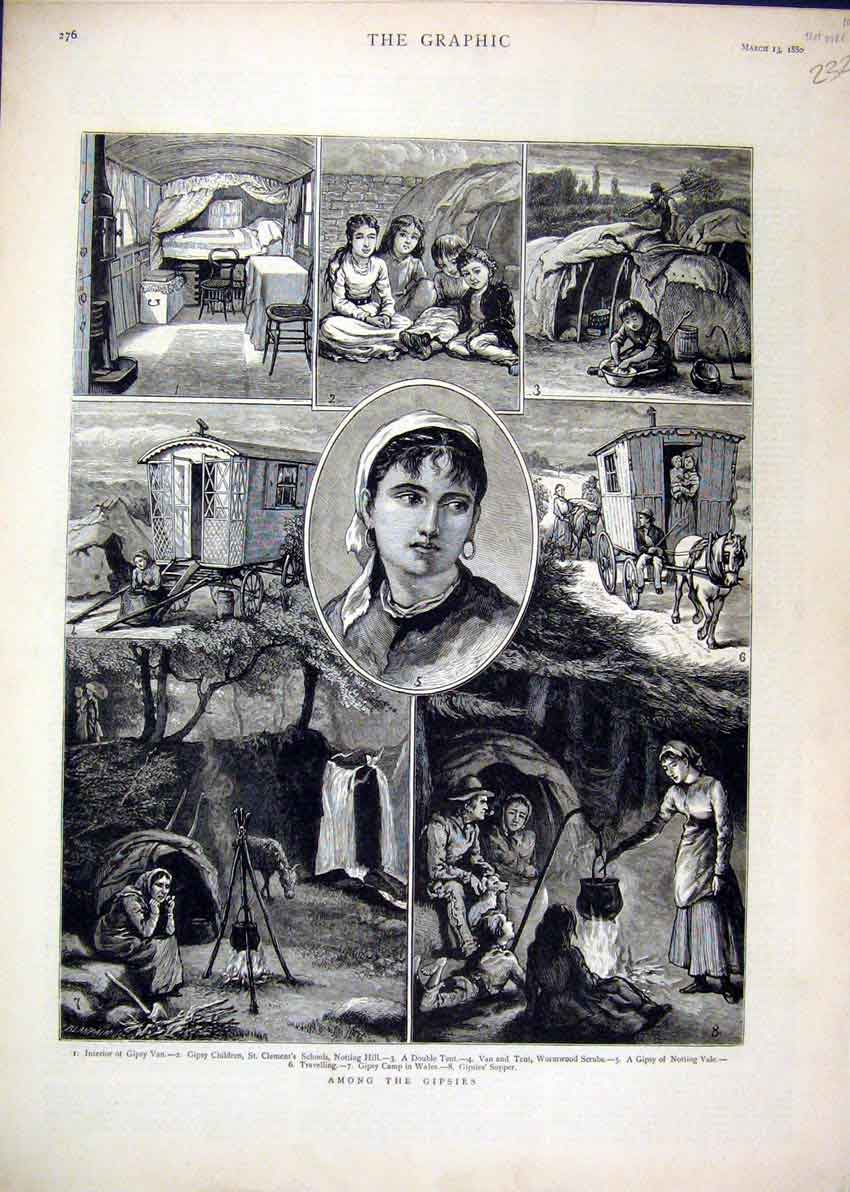 Original Old Antique Print 1880 Gipsies Van Children Tent Camp Wormwood Scrubs