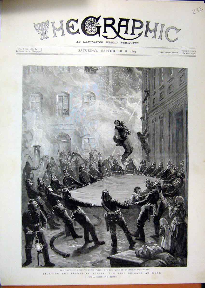 Original Old Antique Print 1894 Fire Brigade Fighting Berlin Man Jumping Canvas