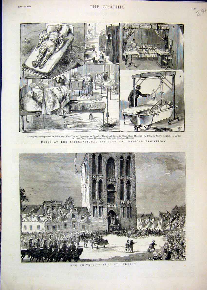 Original Old Antique Print 1881 University Utrecht Sanitary Medical Exhibition