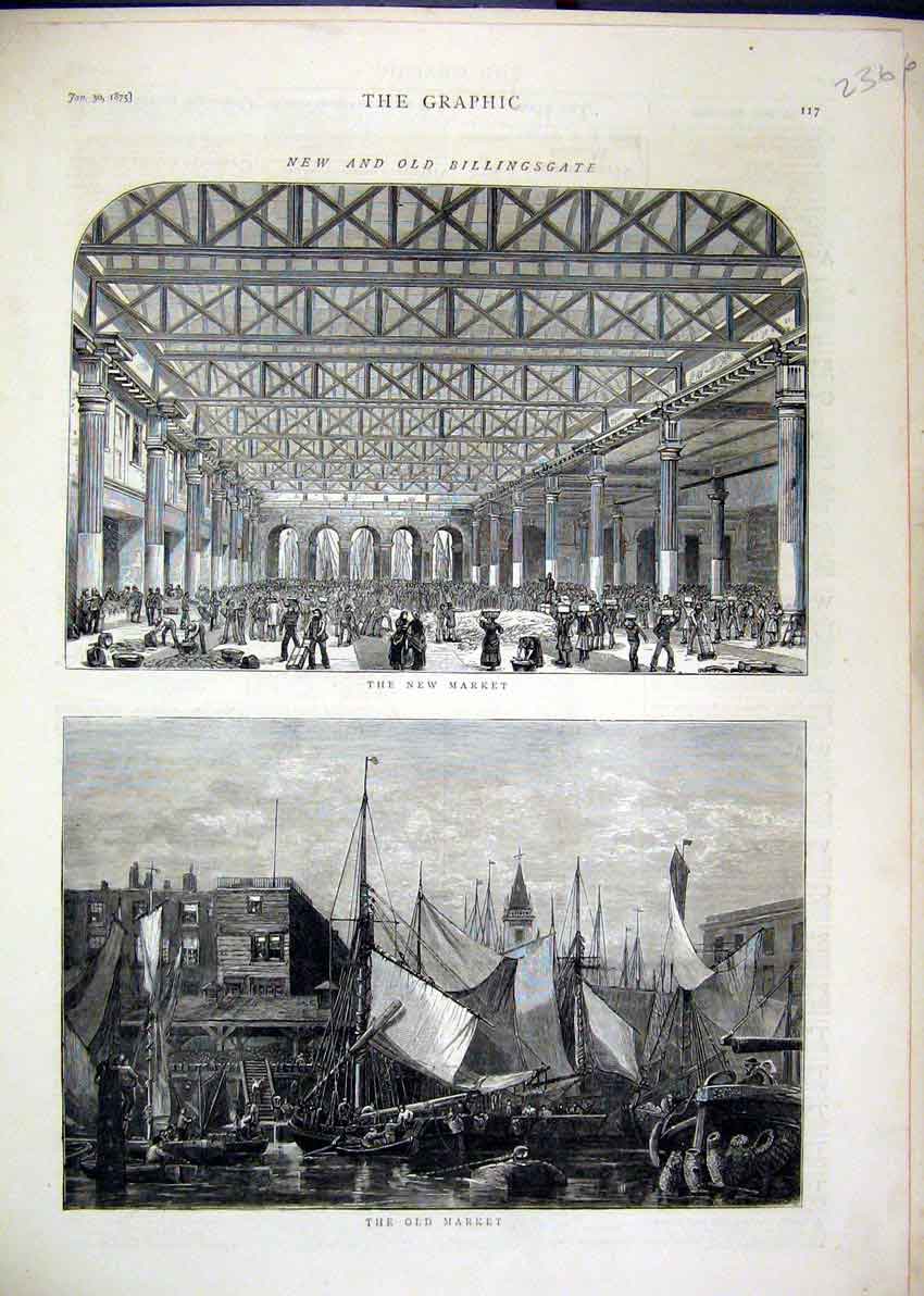 Original Old Antique Print 1875 Billingsgate Market New Boats Inside Outside
