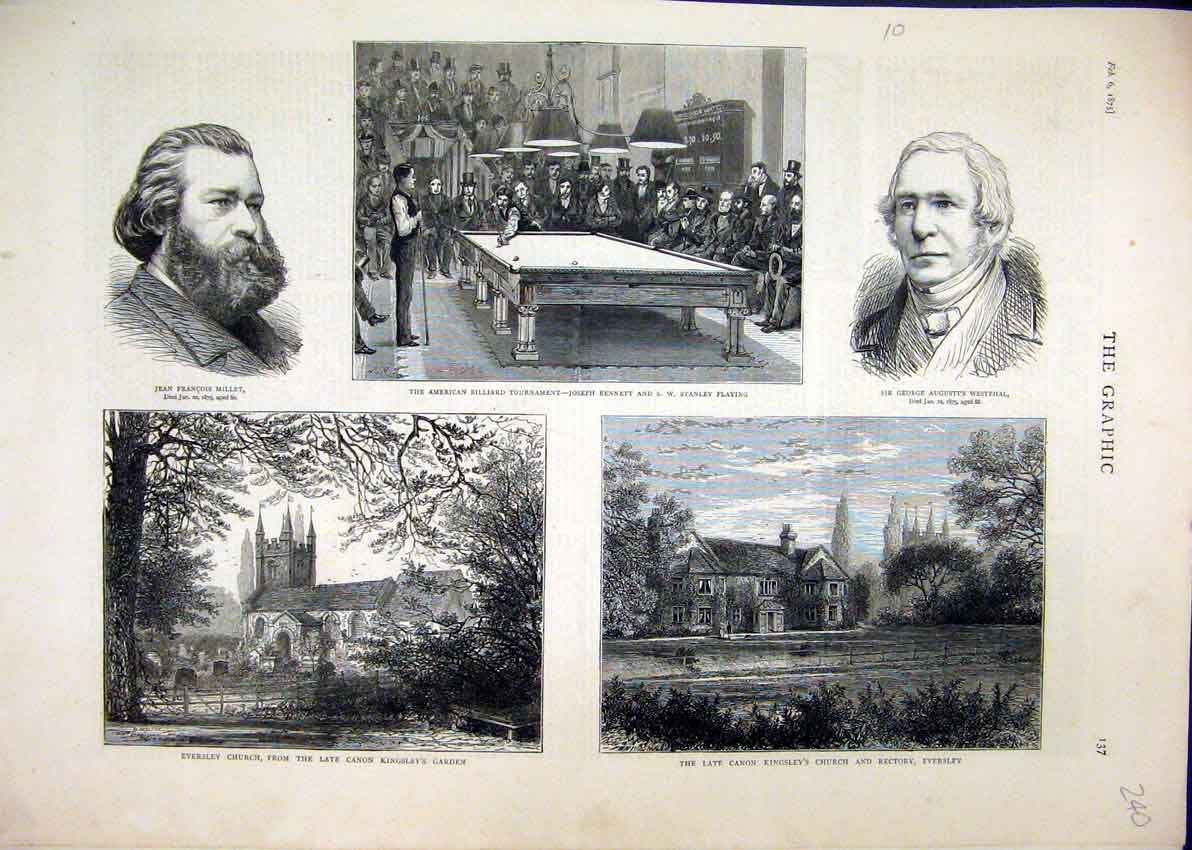 Old Antique Print 1875 Church Rectory Eversley Billiards Westphal Millet 19th