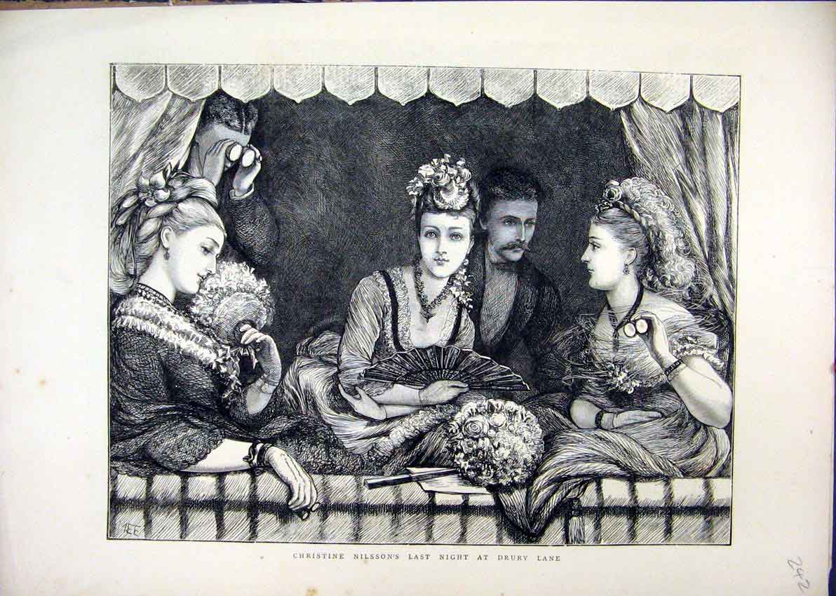 Original Old Antique Print Christine Nilsson Drury Lane Theatre 1872 Victorian