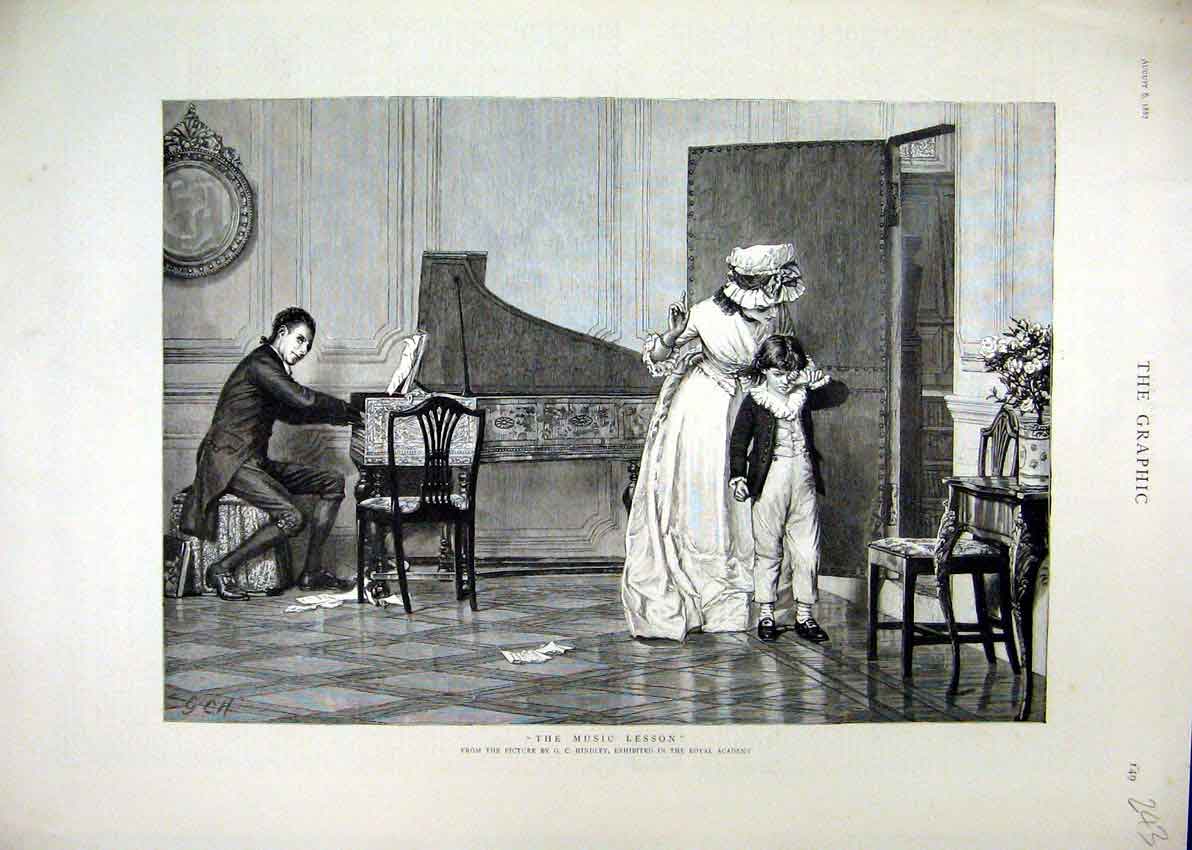 Original Old Antique Print 1887 Young Boy Music Lesson Piano Man Playing 19th
