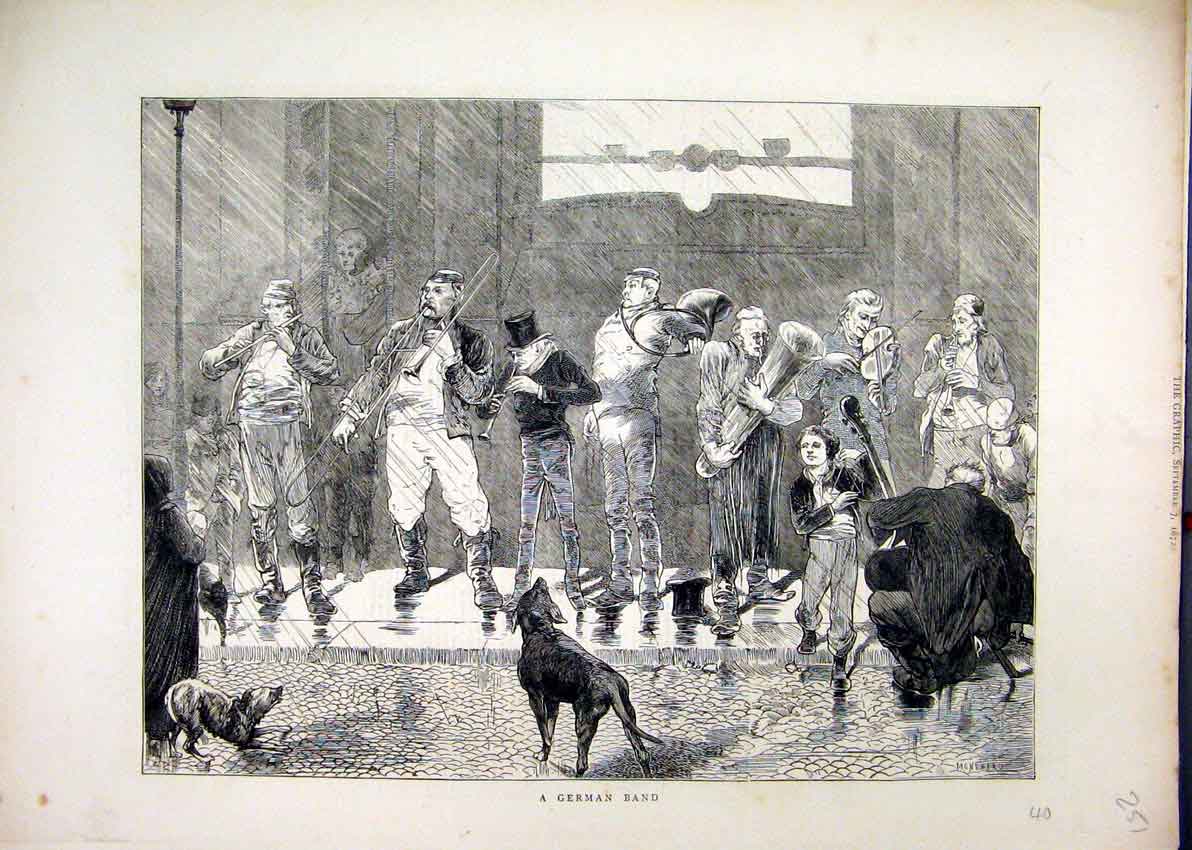Original Old Antique Print German Music Band 1872 Violin Trumpet Dogs Victorian
