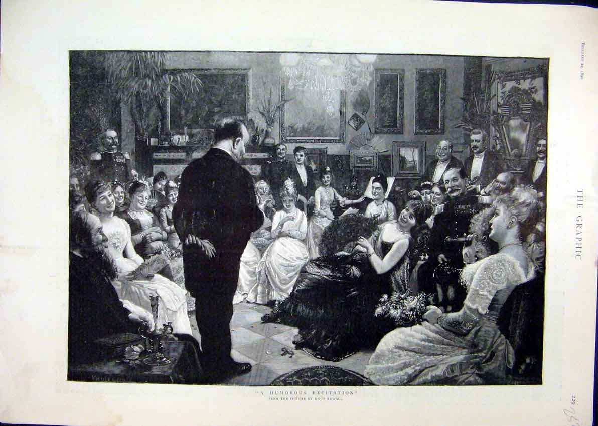 Original Old Antique Print 1890 Humorous Recitation Party Man Speaking Laughing