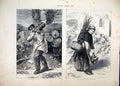 Original Old Antique Print 1871 Sketches Paris Man Bullet Woman Gathering Fruit