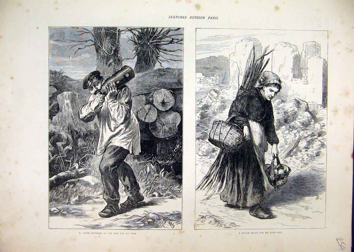 Original Old Antique Print 1871 Sketches Paris Man Bullet Woman Gathering Fruit