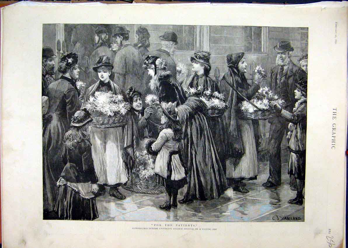 Original Old Antique Print 1890 Flower Girls University College Hospital Giving