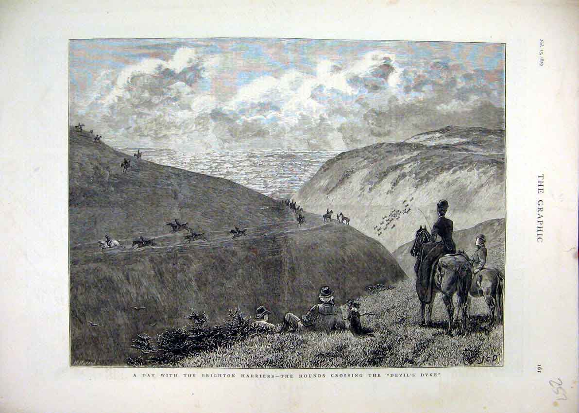 Original Old Antique Print 1879 Brighton Harriers Hounds Crossing Devils Dyke