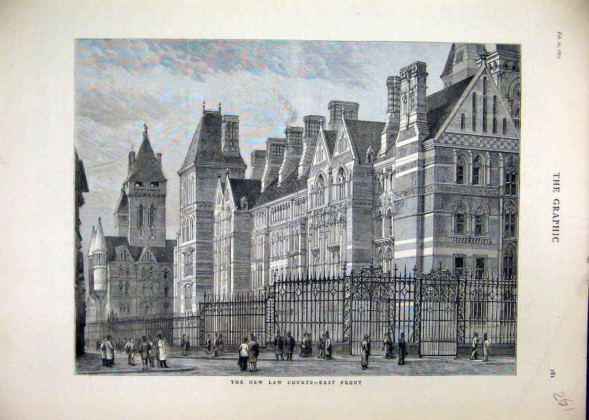 Original Old Antique Print 1879 New Law Courts Exterior East Front View 19th