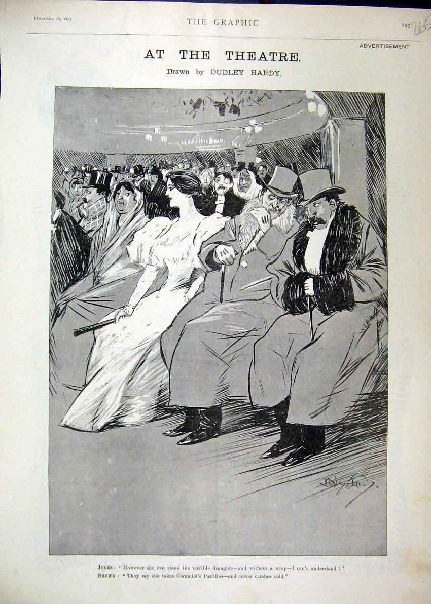 Original Old Antique Print 1895 Advert Theatre Audience Comedy Sketch Hardy 19th