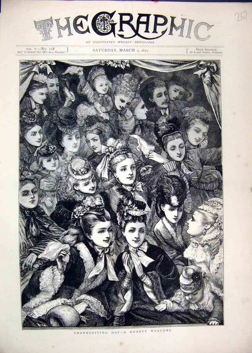 Original Old Antique Print Thanksgiving Day 1872 Hearty Welcome 19th