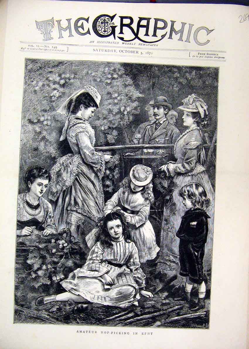 Original Old Antique Print 1872 Amateur Hopicking Kent Family Country Scene 19th