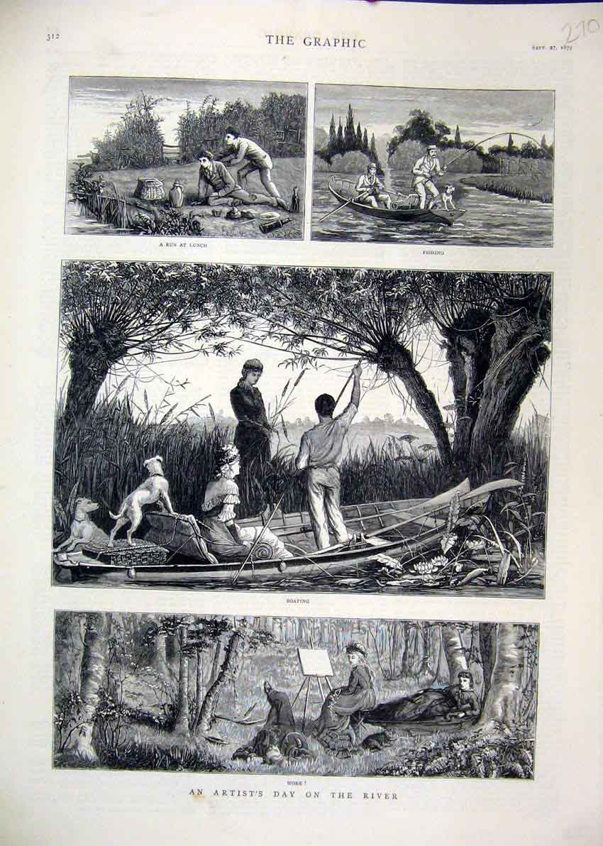 Original Old Antique Print 1879 Artist River Lunch Fishing Boating Victorian