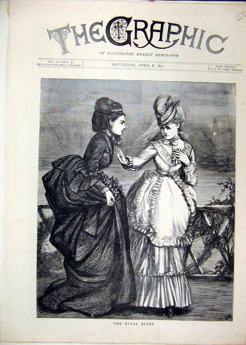 Original Old Antique Print 1871 River Blues Woman Beautiful Dresses Talking 19th