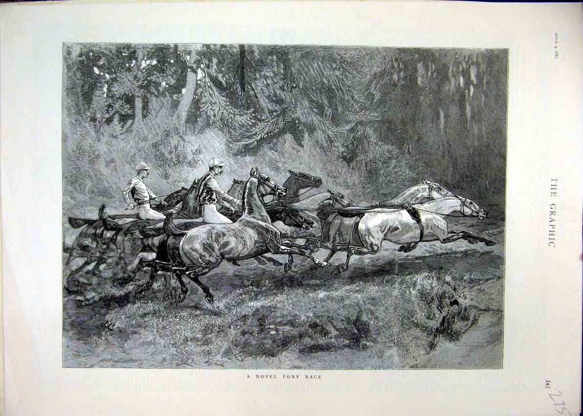 Original Old Antique Print Pony Race 1885 Horses Country Scene 19th