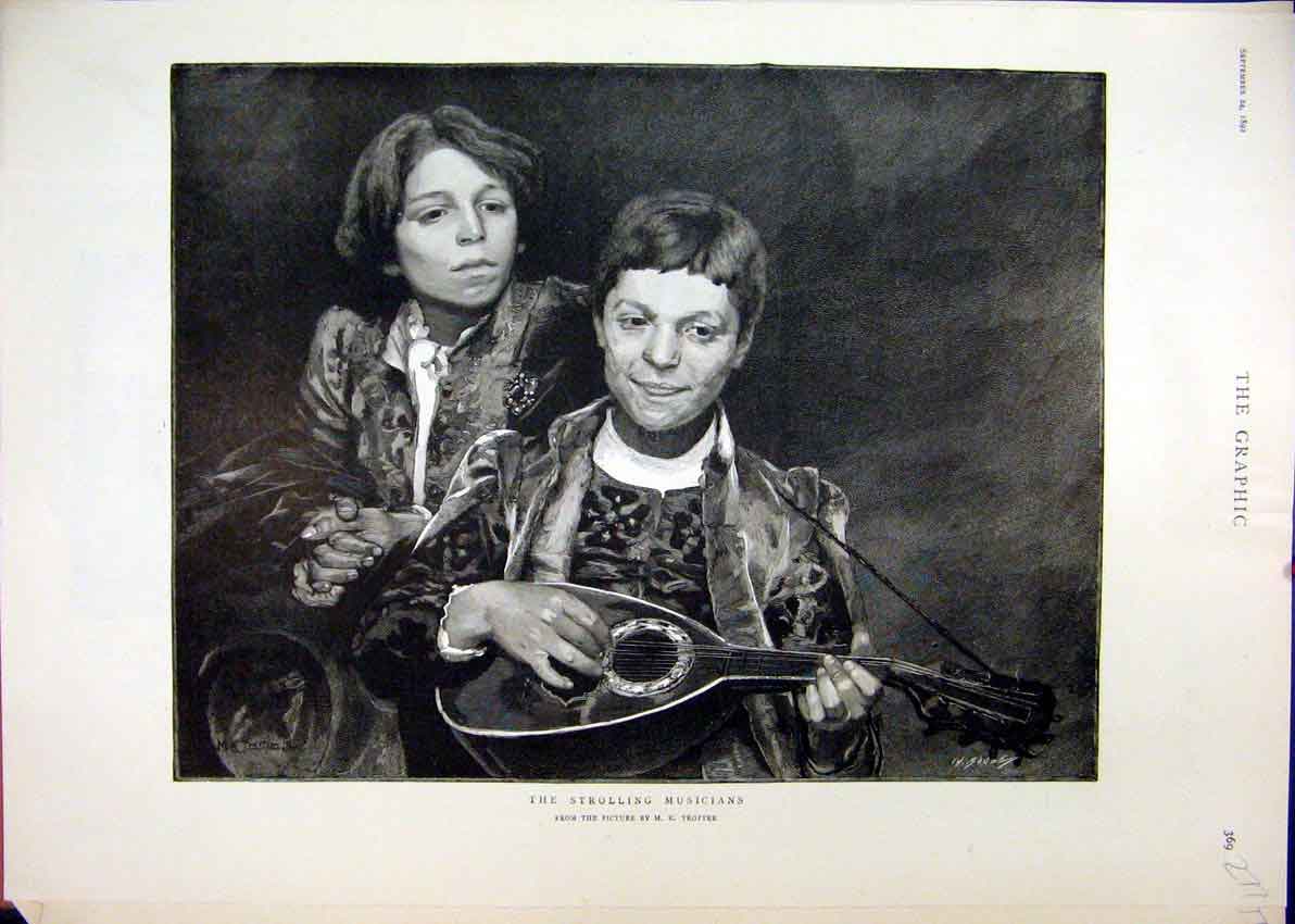 Original Old Antique Print 1892 Strolling Musicians Young Men 19th