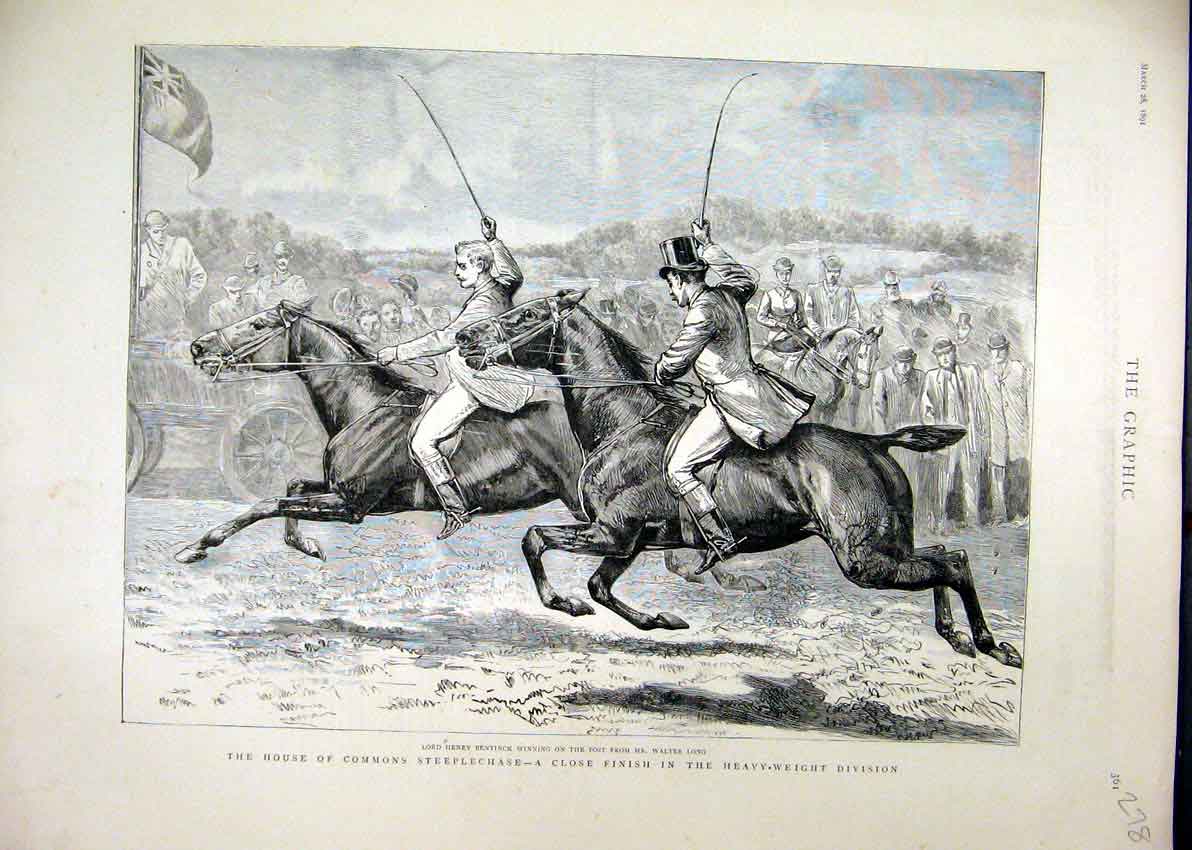Original Old Antique Print Commons Steeplechase 1891 Henry Bentinck Walter Long