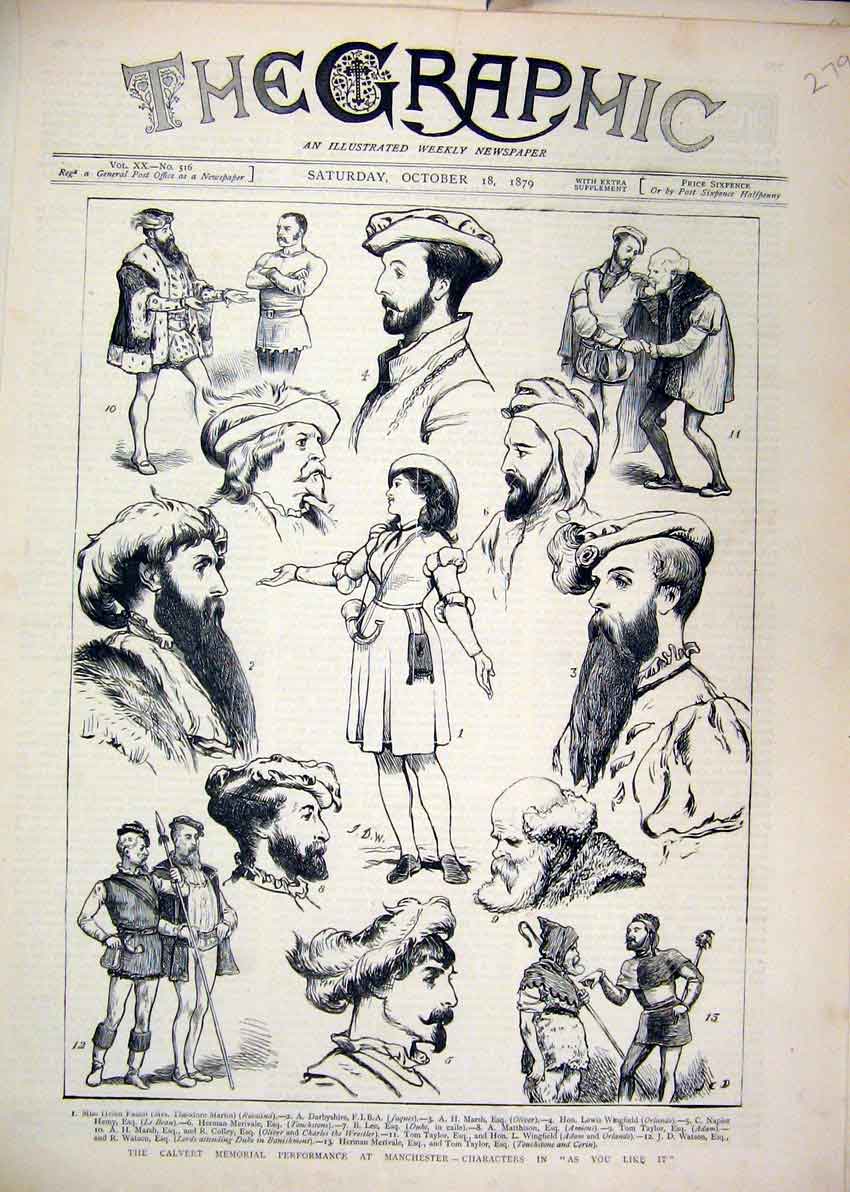 Original Old Antique Print 1879 Calvert Memorial Performance Manchester Theatre