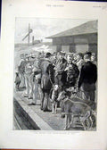 Original Old Antique Print Coal Miner Crisis Railway Platform 1892 Pitmen Dogs