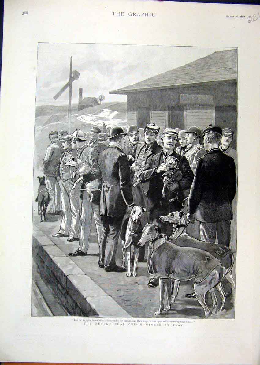 Original Old Antique Print Coal Miner Crisis Railway Platform 1892 Pitmen Dogs