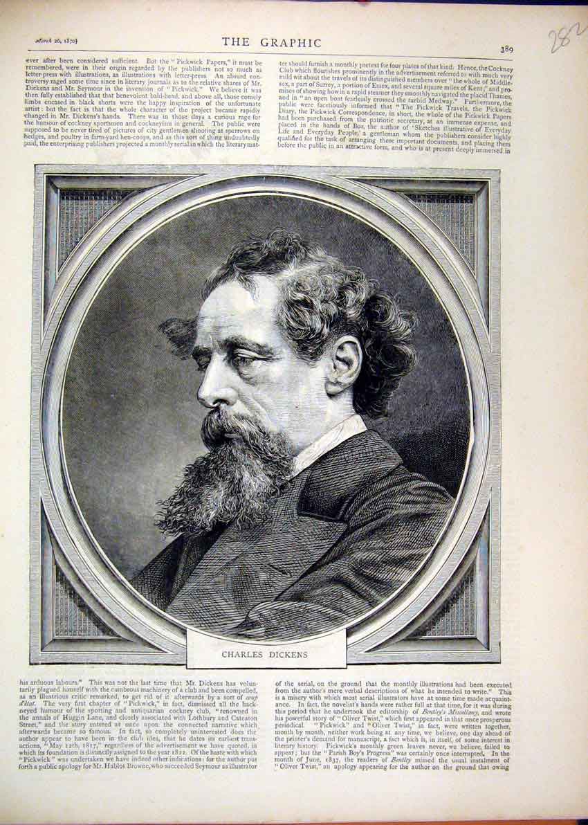 Original Old Antique Print 1870 Portrait Charles Dickons Author 19th