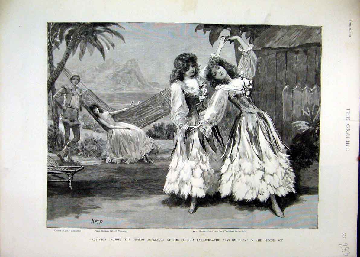 Old Antique Print 1891 Robinson Crusoe Chelsea Barrcks Burlesque Theatre 19th