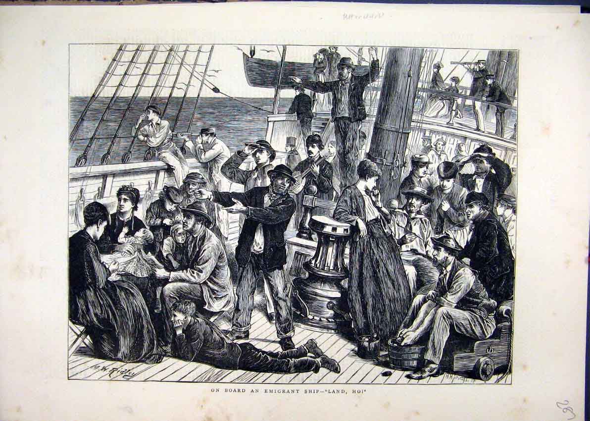 Original Old Antique Print 1871 Board Emigrant Ship Families Looking Victorian