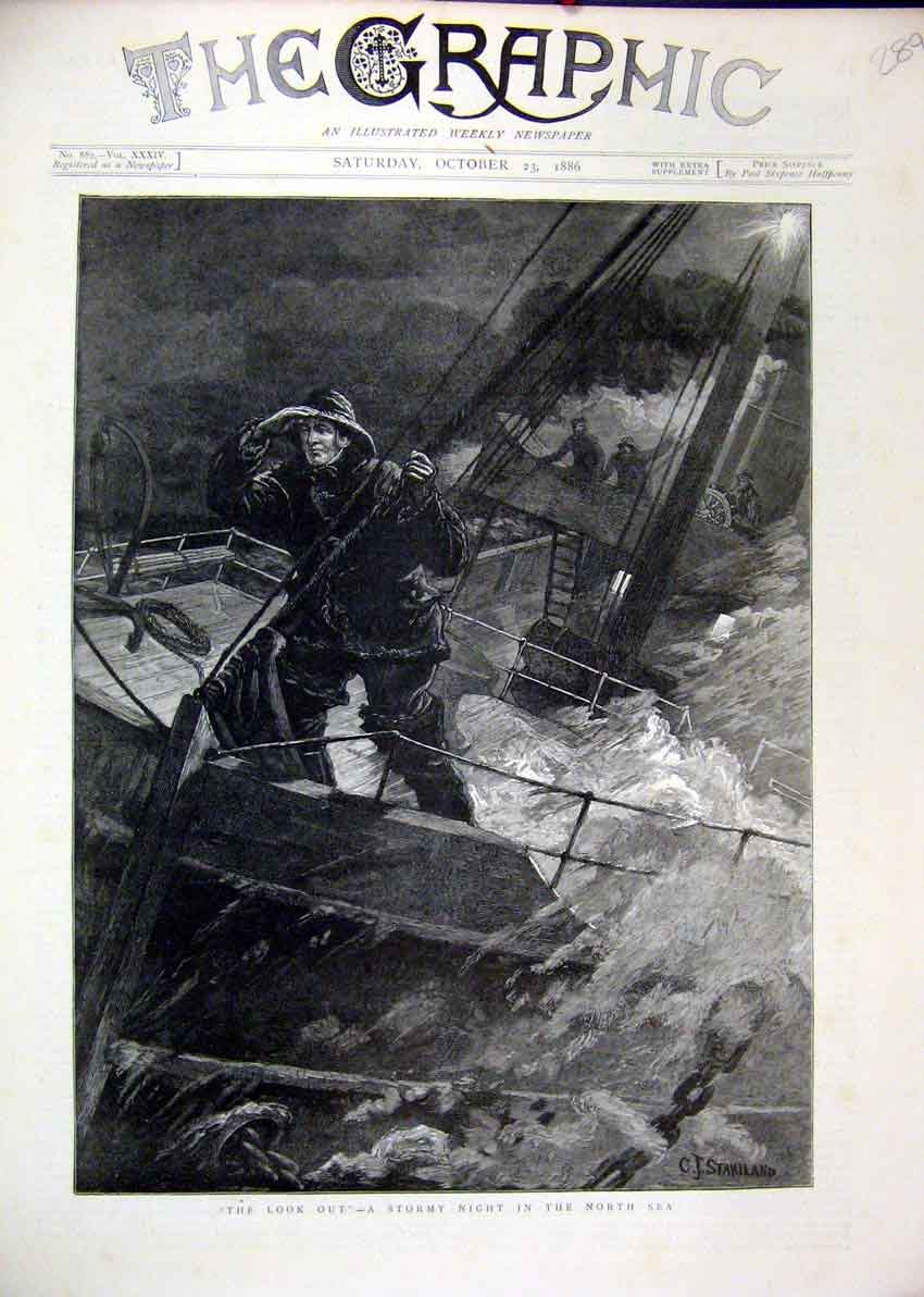 Original Old Antique Print 1886 Ship Look Out Stormy Night North Sea Fine Art