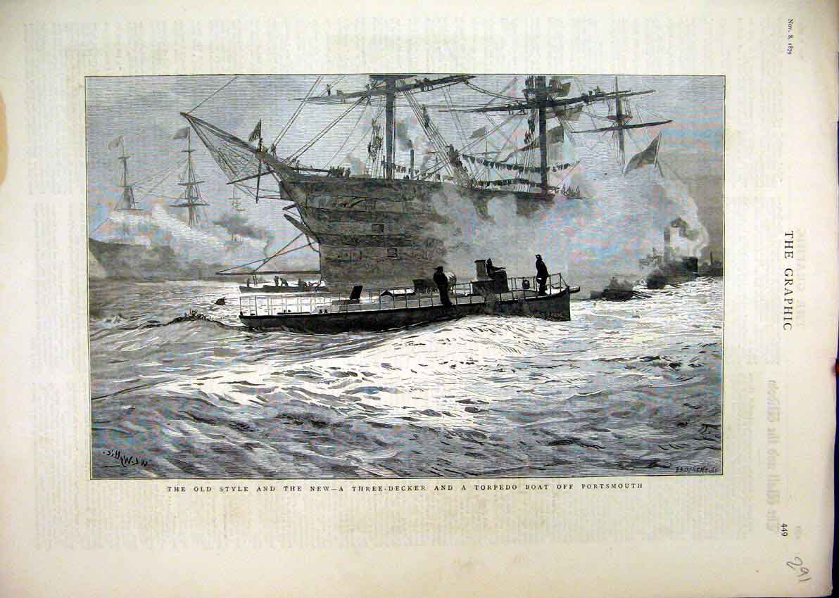 Original Old Antique Print 1879 Three-Decker Torpedo Boat Portsmouth New Style