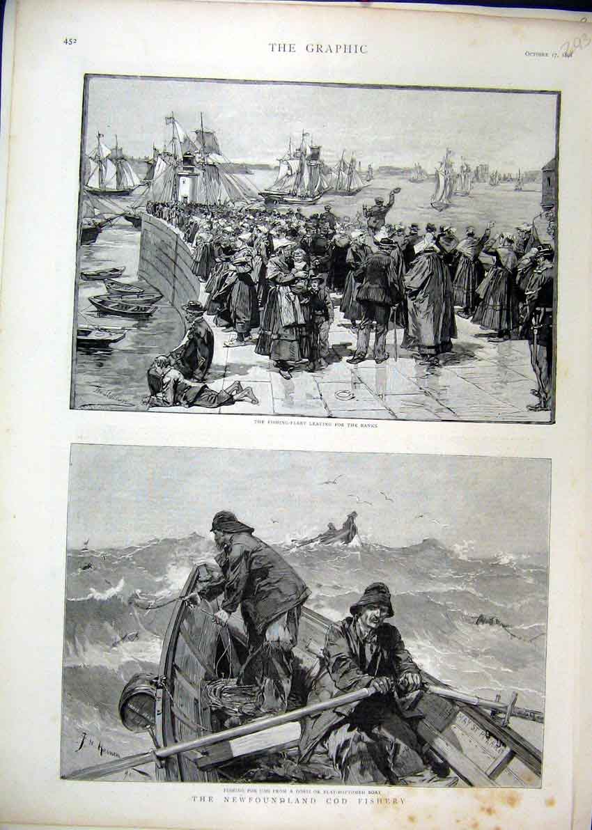 Original Old Antique Print 1891 Newfoundland Cod Fishery Fleet Doris Boat 19th