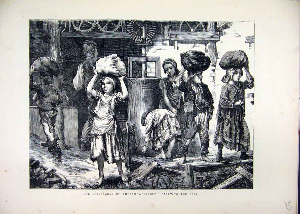 Original Old Antique Print 1871 Brickyards England Children Carrying Clay 19th