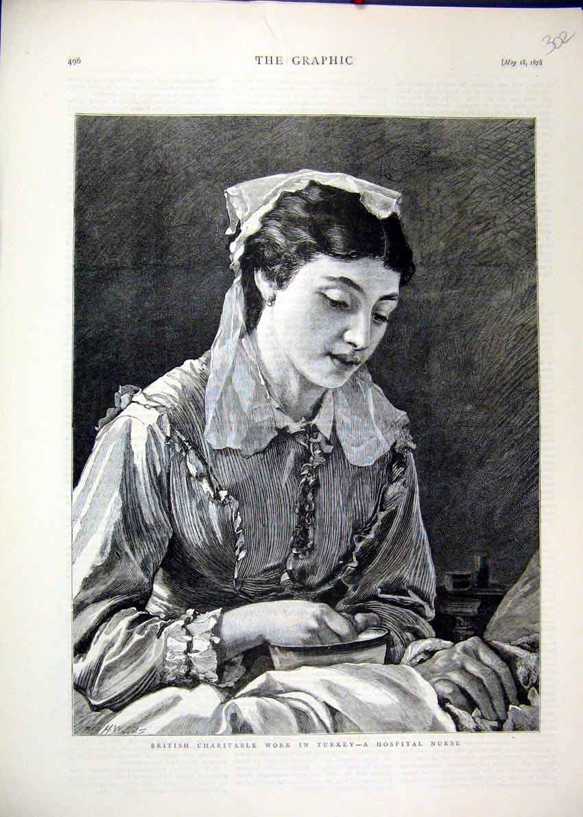 Original Old Antique Print 1878 Hospital Work British Charitable Work Turkey