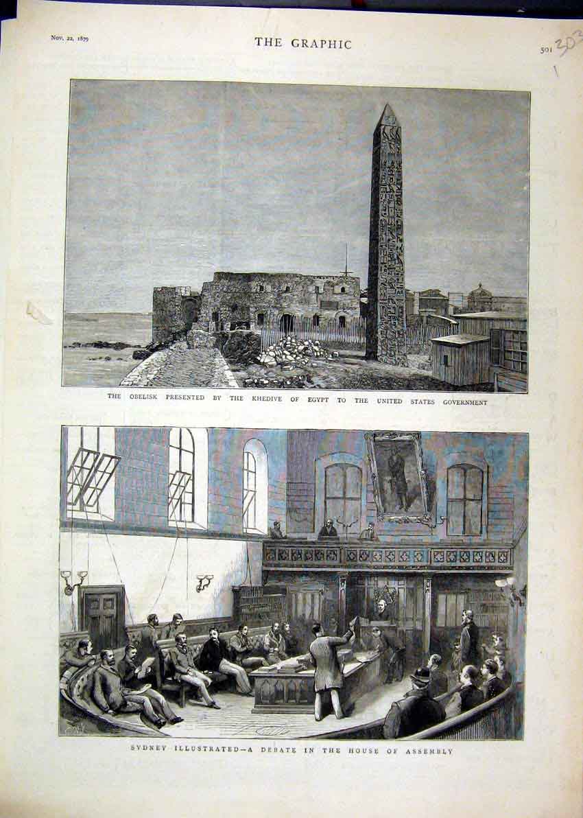 Old Antique Print Sydney Debate House Assembly 1879 Obelisk Khedive Egypt 19th
