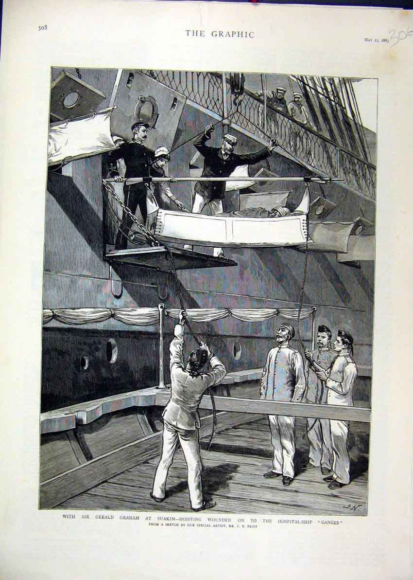 Old Antique Print Gerald Graham Suakim 1885 Wounded Hospital Ganges Ship 19th